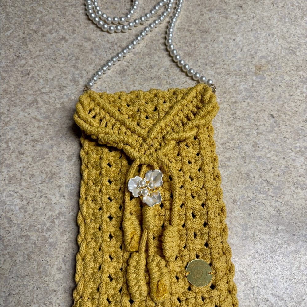 Mustard Crochet Crossbody Bag with Pearl Strap